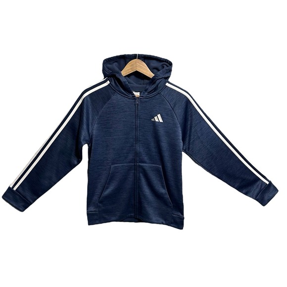 Adidas Boys Full Zip Fleece Hooded Track Jacket Sz M (10-12) Navy Blue 3-Stripe - Picture 3 of 9